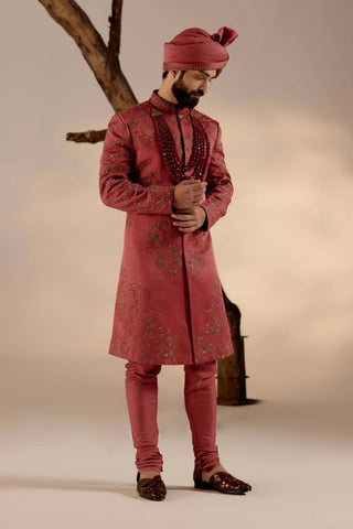 Jatin Malik-Red Ochre Sherwani Set-INDIASPOPUP.COM