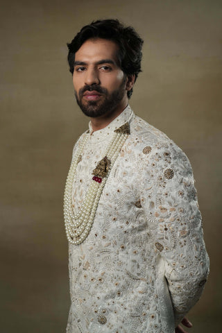 Jatin Malik-Ivory And Gold Sherwani Set-INDIASPOPUP.COM