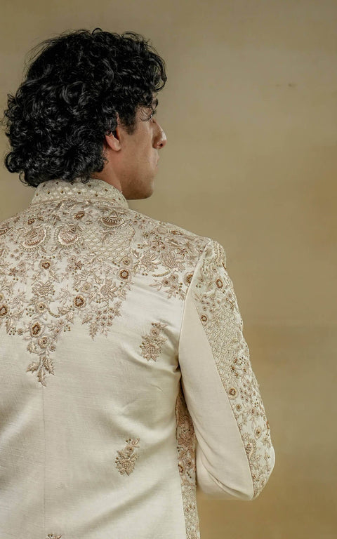 Jatin Malik-Butter Cream Sherwani Set-INDIASPOPUP.COM