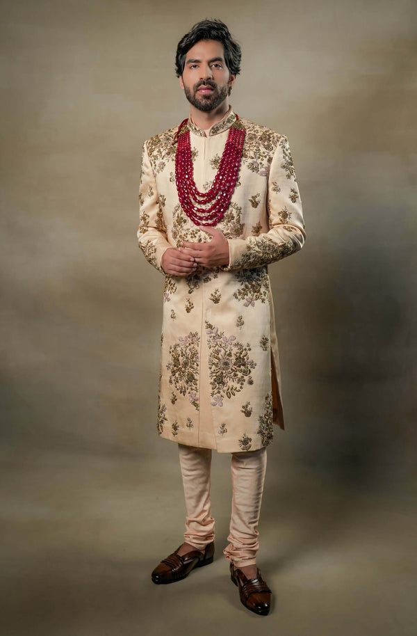Jatin Malik-Frosted Almond Sherwani Set-INDIASPOPUP.COM
