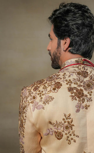 Jatin Malik-Frosted Almond Sherwani Set-INDIASPOPUP.COM