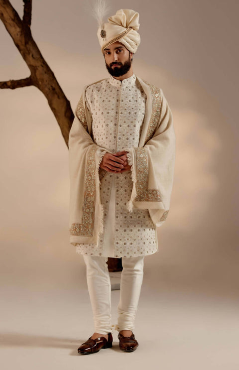 Albino white linen silk sherwani set