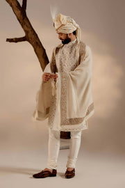 Albino white linen silk sherwani set