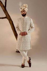 Albino white linen silk sherwani set