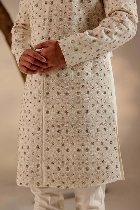Albino white linen silk sherwani set