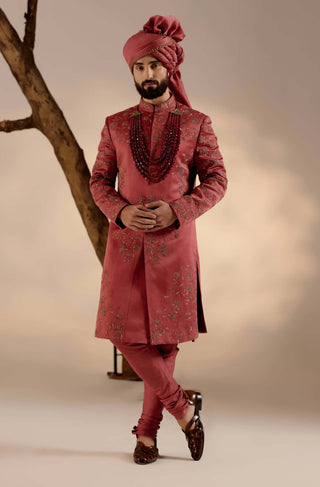 Jatin Malik-Red Ochre Linen Silk Sherwani Set-INDIASPOPUP.COM