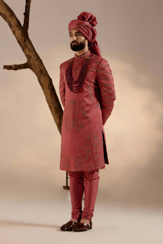 Jatin Malik-Red Ochre Linen Silk Sherwani Set-INDIASPOPUP.COM