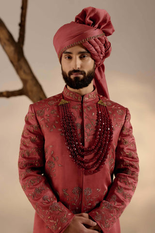 Jatin Malik-Red Ochre Linen Silk Sherwani Set-INDIASPOPUP.COM