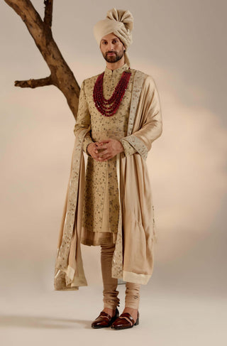 Jatin Malik-Sandune Linen Silk Sherwani Set-INDIASPOPUP.COM