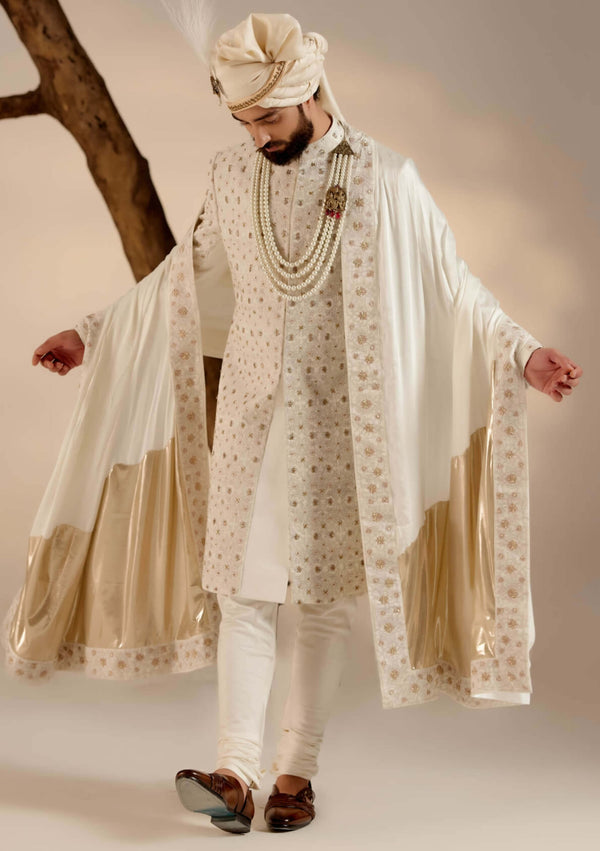 Albino white linen silk sherwani set