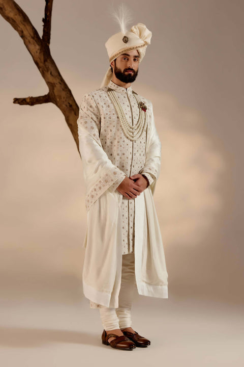 Albino white linen silk sherwani set