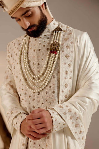 Jatin Malik-Albino White Linen Silk Sherwani Set-INDIASPOPUP.COM