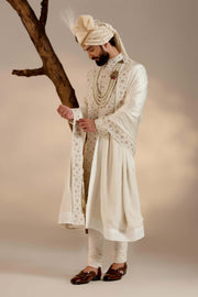 Albino white linen silk sherwani set