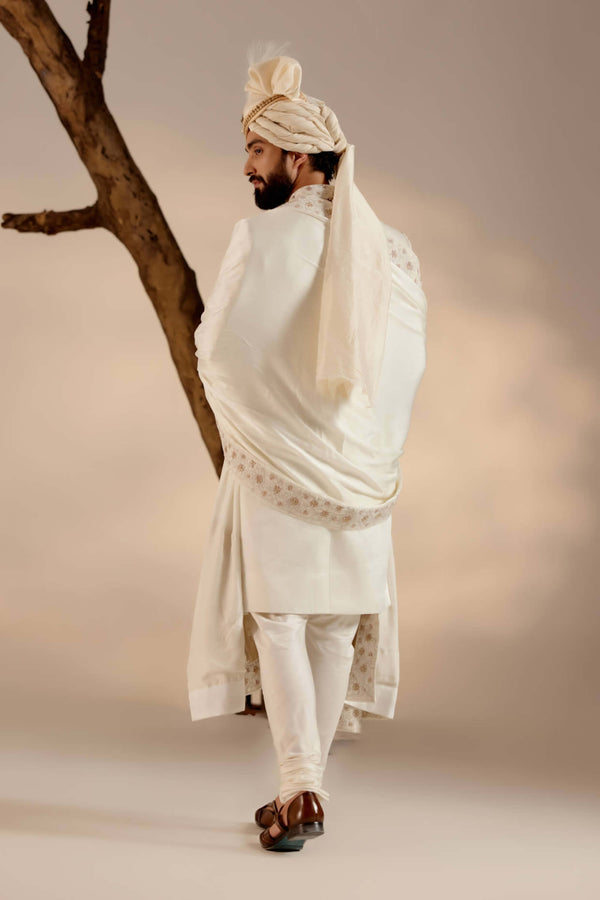 Albino white linen silk sherwani set