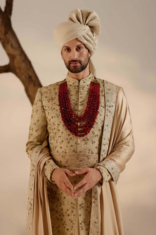 Jatin Malik-Sandune Linen Silk Sherwani Set-INDIASPOPUP.COM