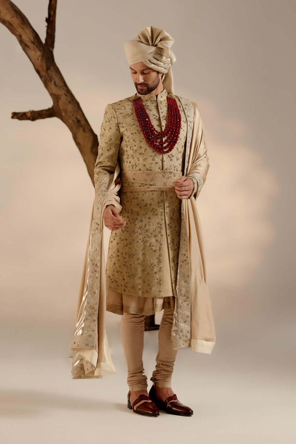 Jatin Malik-Sandune Linen Silk Sherwani Set-INDIASPOPUP.COM