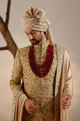 Jatin Malik-Sandune Linen Silk Sherwani Set-INDIASPOPUP.COM