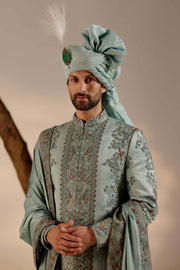 Chateau grey linen silk sherwani set