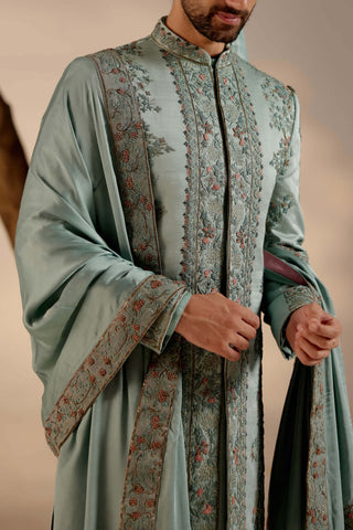 Jatin Malik-Chateau Grey Linen Silk Sherwani Set-INDIASPOPUP.COM