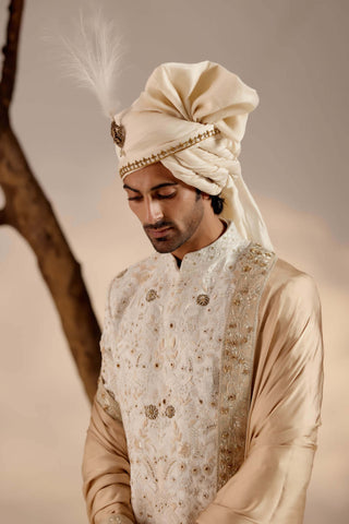 Jatin Malik-Ivory And Gold Linen Silk Sherwani Set-INDIASPOPUP.COM