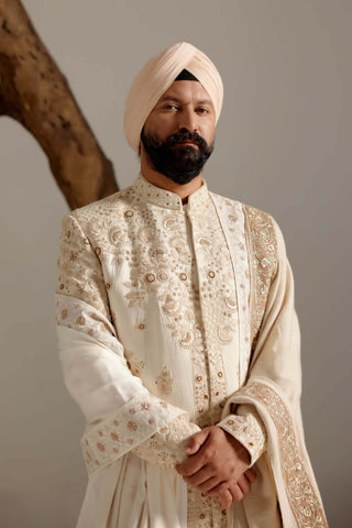 Jatin Malik-Butter Cream Linen Silk Sherwani Set-INDIASPOPUP.COM