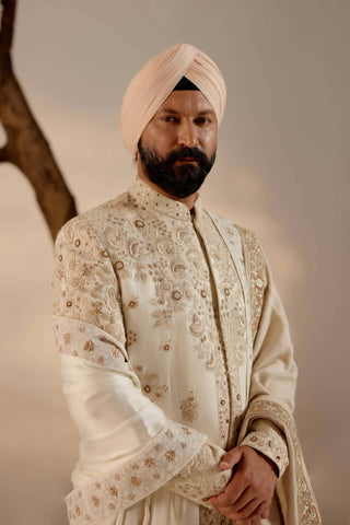 Jatin Malik-Butter Cream Linen Silk Sherwani Set-INDIASPOPUP.COM
