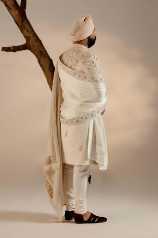 Jatin Malik-Butter Cream Linen Silk Sherwani Set-INDIASPOPUP.COM