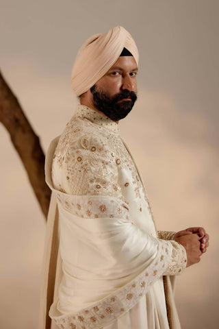 Jatin Malik-Butter Cream Linen Silk Sherwani Set-INDIASPOPUP.COM