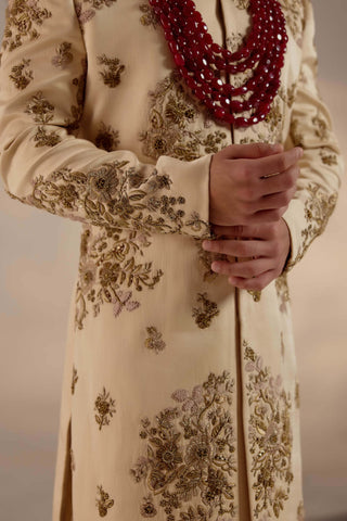 Jatin Malik-Frosted Almond Linen Silk Sherwani Set-INDIASPOPUP.COM