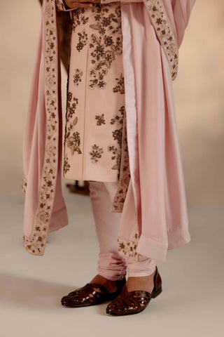 Jatin Malik-Shell Pink Linen Silk Sherwani Set-INDIASPOPUP.COM