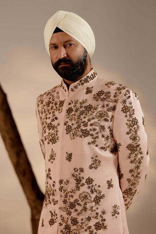 Jatin Malik-Shell Pink Linen Silk Sherwani Set-INDIASPOPUP.COM