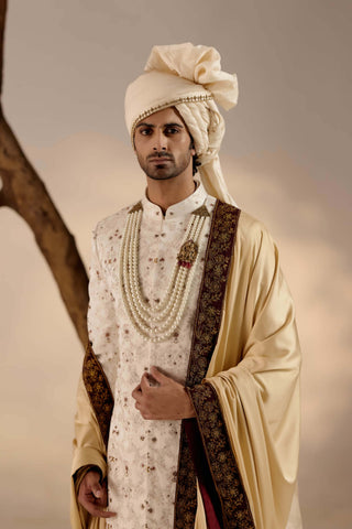 Jatin Malik-Jamawar White Linen Silk Sherwani Set-INDIASPOPUP.COM