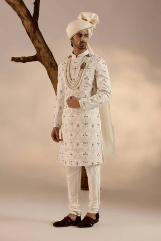 Jatin Malik-Jamawar White Linen Silk Sherwani Set-INDIASPOPUP.COM