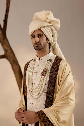 Jatin Malik-Jamawar White Linen Silk Sherwani Set-INDIASPOPUP.COM