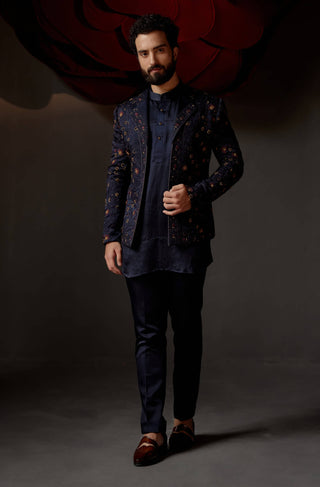 Jatin Malik-Midnight Blue Short Jacket And Kurta Set-INDIASPOPUP.COM