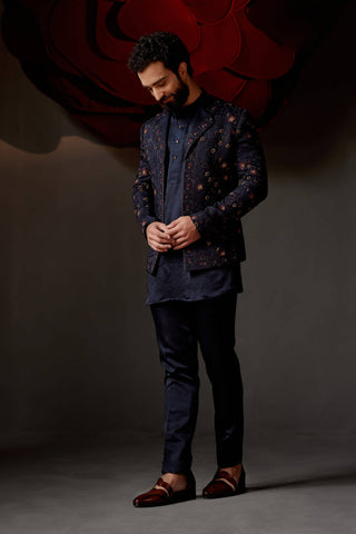 Jatin Malik-Midnight Blue Short Jacket And Kurta Set-INDIASPOPUP.COM