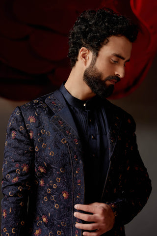 Jatin Malik-Midnight Blue Short Jacket And Kurta Set-INDIASPOPUP.COM