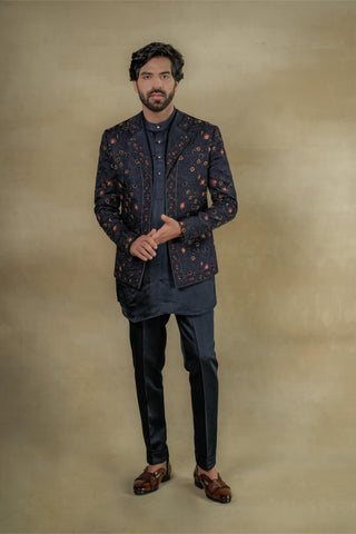 Jatin Malik-Midnight Blue Short Jacket And Kurta Set-INDIASPOPUP.COM