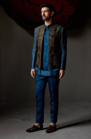 Jatin Malik-Teal & Brown Short Jacket And Kurta Set-INDIASPOPUP.COM