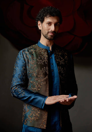 Jatin Malik-Teal & Brown Short Jacket And Kurta Set-INDIASPOPUP.COM