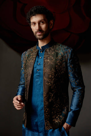 Jatin Malik-Teal & Brown Short Jacket And Kurta Set-INDIASPOPUP.COM