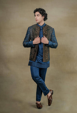 Jatin Malik-Teal & Brown Short Jacket And Kurta Set-INDIASPOPUP.COM