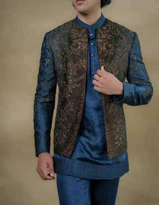 Jatin Malik-Teal & Brown Short Jacket And Kurta Set-INDIASPOPUP.COM