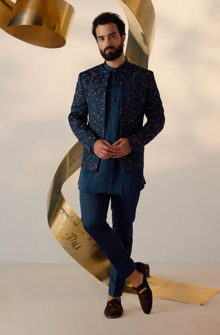 Jatin Malik-Beryl Blue Short Jacket And Kurta Set-INDIASPOPUP.COM