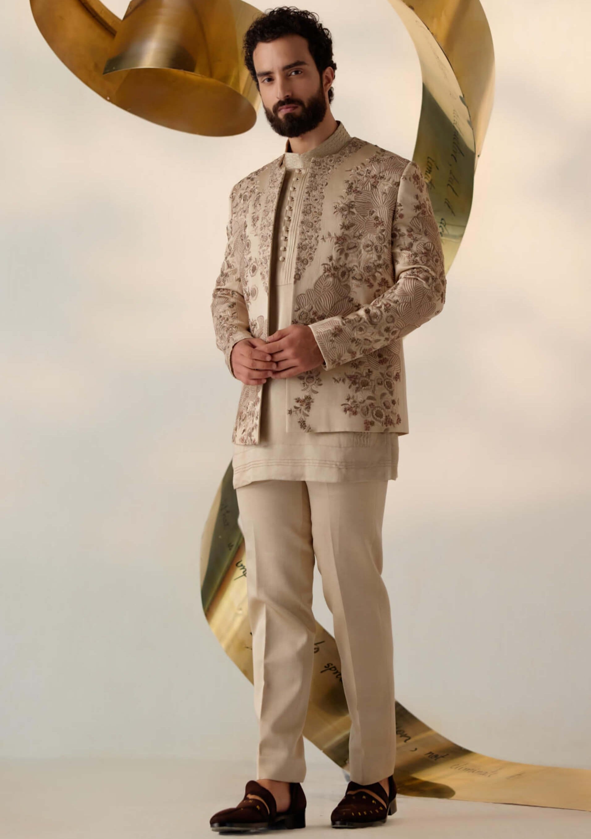 Jatin Malik Sand Grey Short Jacket Kurta Set