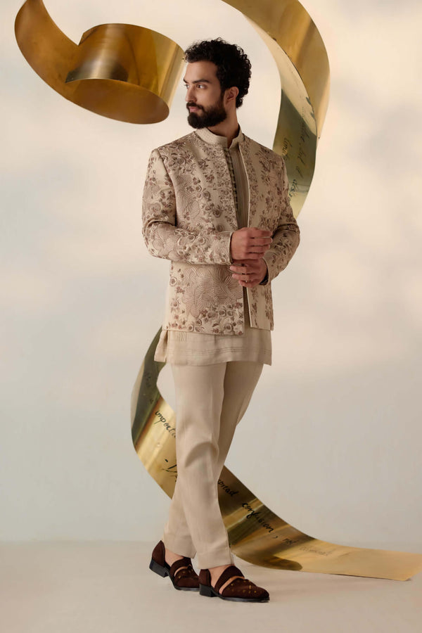 Sand grey short jacket kurta set