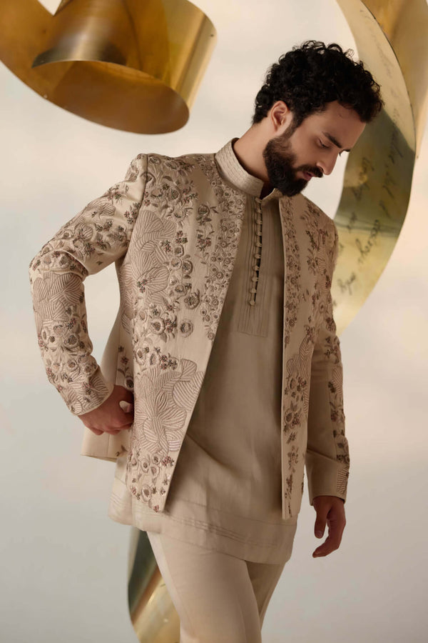 Sand grey short jacket kurta set
