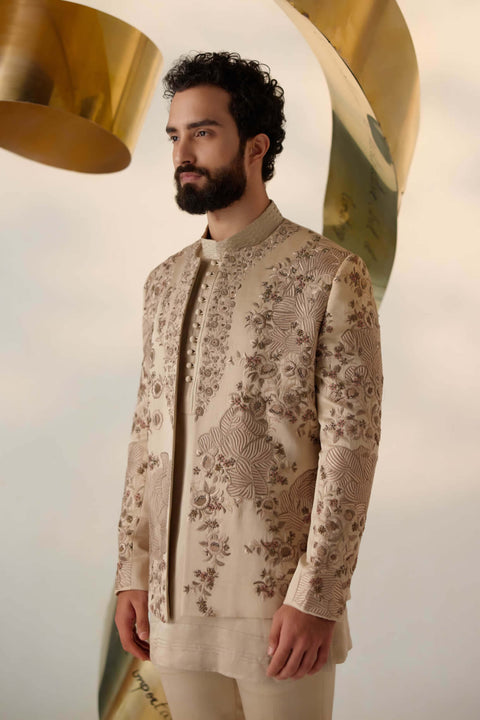 Sand grey short jacket kurta set