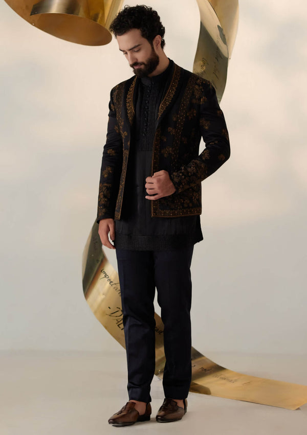 Black & gold short jacket and kurta set