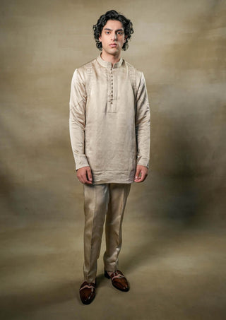 Jatin Malik-Sand Grey Short Kurta And Trousers-INDIASPOPUP.COM